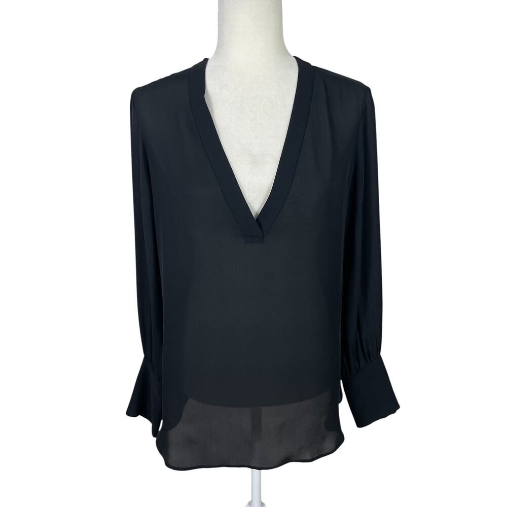 Nili Lotan Silk V-Neck Blouse Black Sz Large Minimalist Chic Classic Effortless